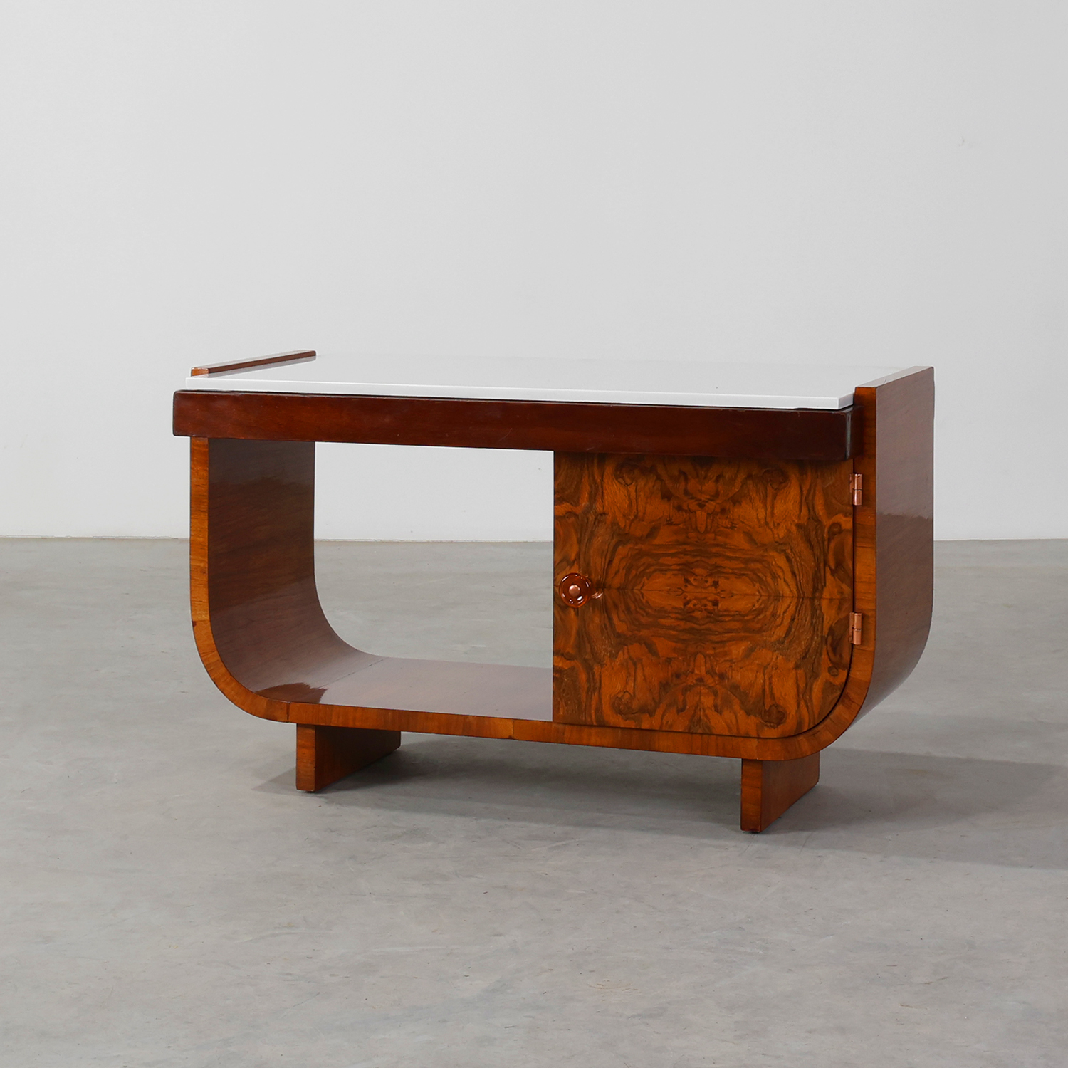 Belgian Art Deco Cabinet in Burl Veneer with Marble and Glass, circa 1930-img